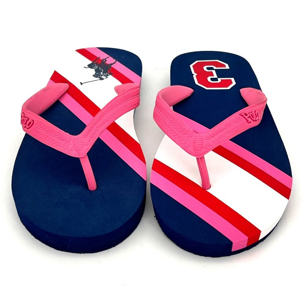 Polo Ralph Lauren Womens Size 5 Navy & Pink Striped Flip Flops Pony & 3 Logo New - Picture 11 of 15
